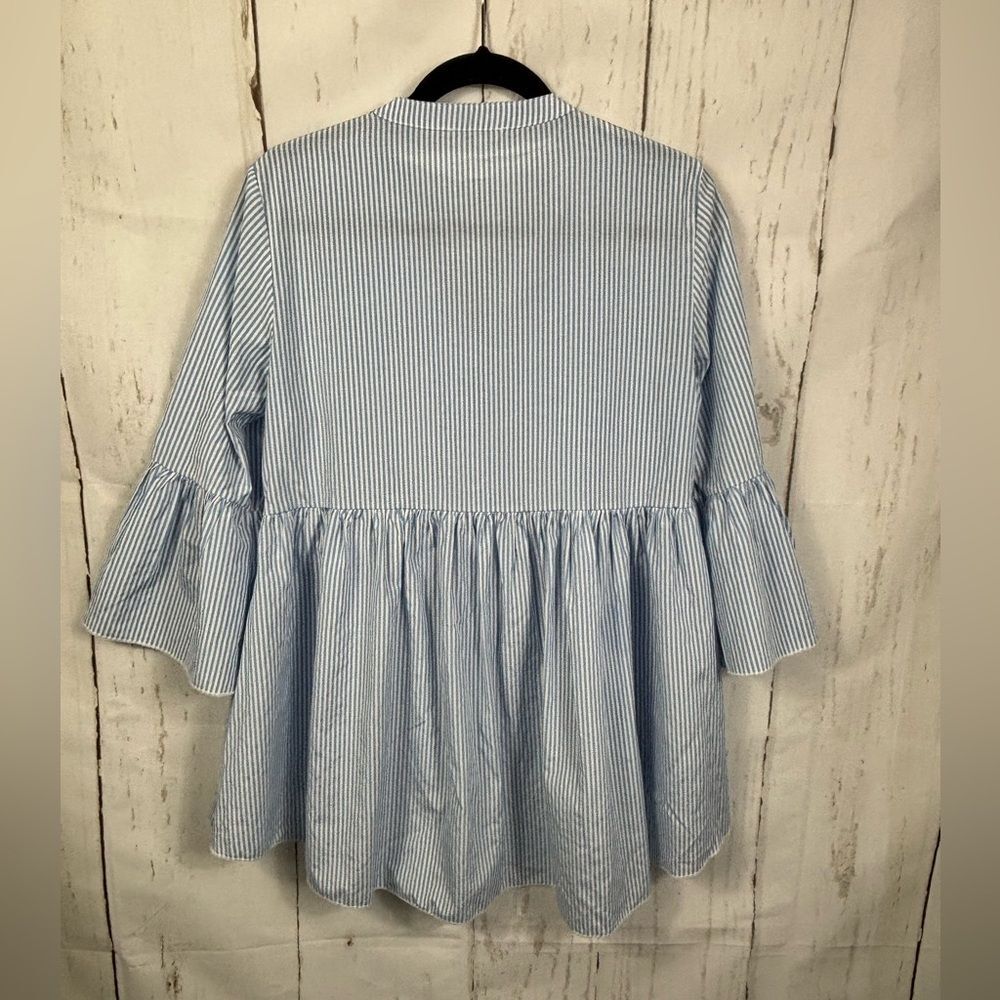 Koton Blouse Shirt Blue White Striped Flounce Sleeve Flared Bottom - Picture 2 of 10